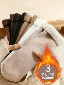 Women's Thick Warm Fleece Socks, 5 Pairs Random Color, Fall & Winter Casual Mid-Calf Floor Socks, Plain Pattern, Daily Wear