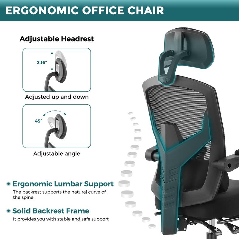 Sweet Furniture Ergonomic Office Chair with Foot Rest and Adjustable Headrest, Mesh Swivel Rolling Task Chair, Height Adjustable, Office Gifts