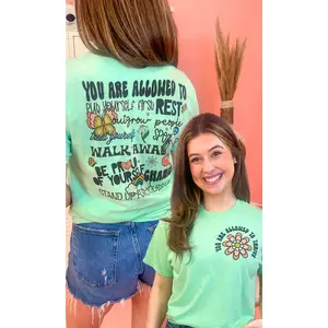 Tees2urdoor Women's "You Are Allowed" Cotton Crew Neck Short Sleeve Graphic T-Shirt, Casual Fits Basic Everyday Flower Print Top
