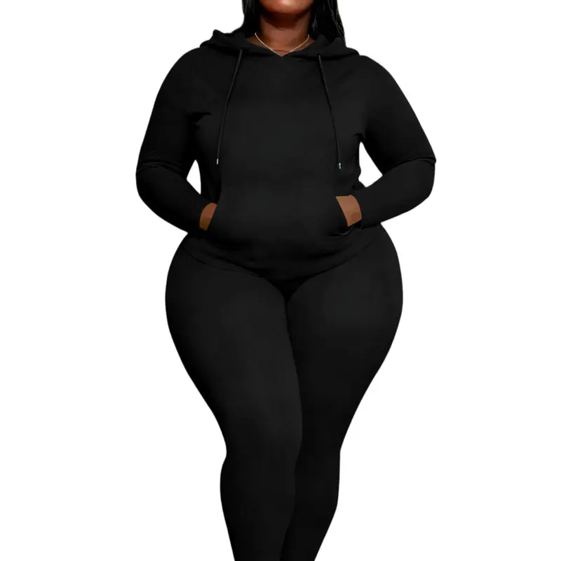 【Plus Size】Women’s 2026 Plus Size 2 Piece Tracksuit Long Sleeve Hoodie with Pocket & High Waist Skinny Leggings Loungewear Set