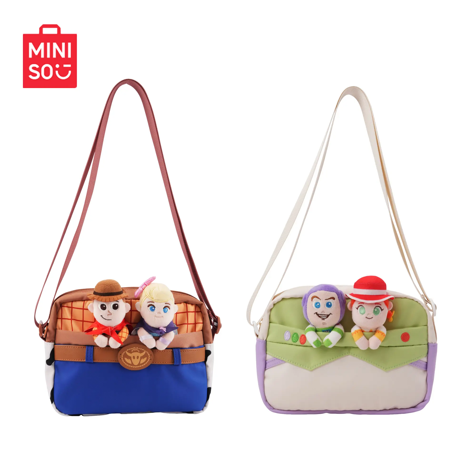 MINISO Toy Story 5 Adventure Crossbody Bag. Two Styles Available: Woody & Bo Peep, Buzz & Jessie, Fun Cartoon Character Prints, Lightweight Breathable Fabric, Compact Portable Size For Summer Daily Shopping And Outdoor Trips