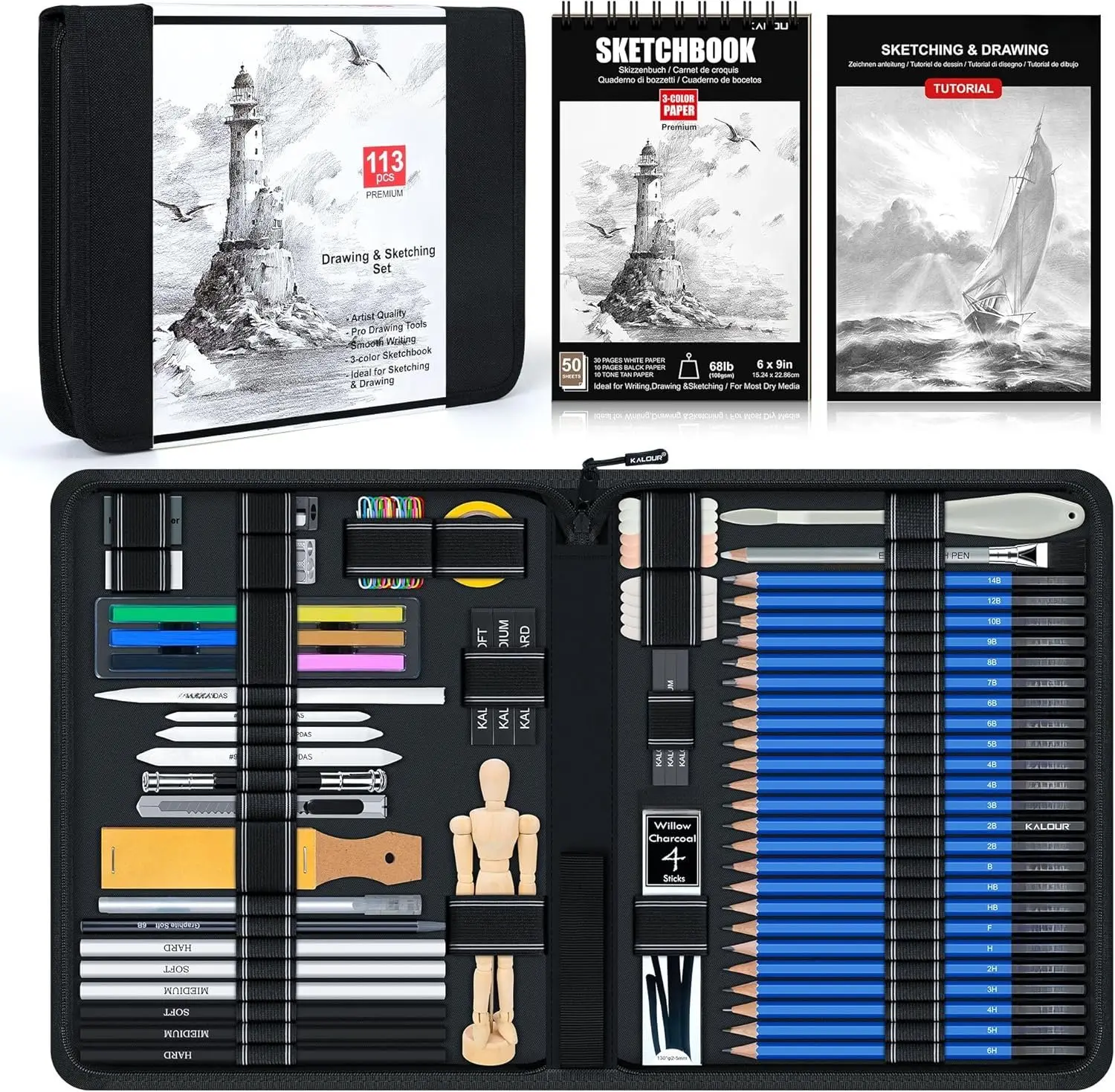 113-Count Professional Drawing Set Artist Bundle, Office Stationery with 3-Color Art Sketchbook, Graphite Pencils, Charcoal Pencils, Wooden Mannequin, Art Materials in Zipper Case for Beginners & Artists