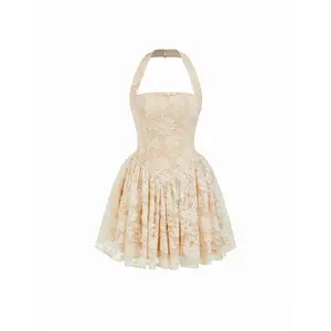 Cider Floral Lace Halter Neckline Ruffled Flared Mini Dress