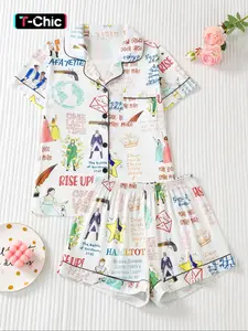 Women's Patchwork Print Pajama Set, Casual Fitted Summer Sleepwear, Comfortable Elastic Shorts & Button-Down Top, Elegant Ladies' Nightwear Loungewear