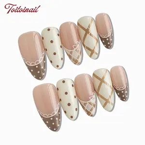 Latte Plaid Handmade Press-On Nails | Short Almond Shape, 10pcs Handmade | Spring Summer Trending Nude French & Plaid Polka Dot Lace | Cozy Aesthetic & Clean Girl Nails | High Gloss Mirror Finish | Reusable DIY Manicure Kit for Women Daily Wear
