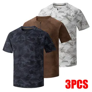 Men's 3 Pack Camo Quarter Zip T-Shirts, Tie Dye Print Short Sleeve Henley Tees, Casual Athletic Tops for Daily Wear & Outdoor Activities