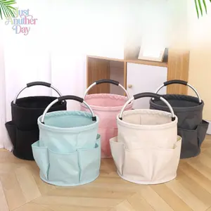 Collapsible Picnic Basket Tote Bag, Multi-Pocket Foldable Beach Bag with Metal Handle, Portable Organizer Basket for Camping, Grocery, Bathroom, Baby Diaper, Shower, Travel, Laundry