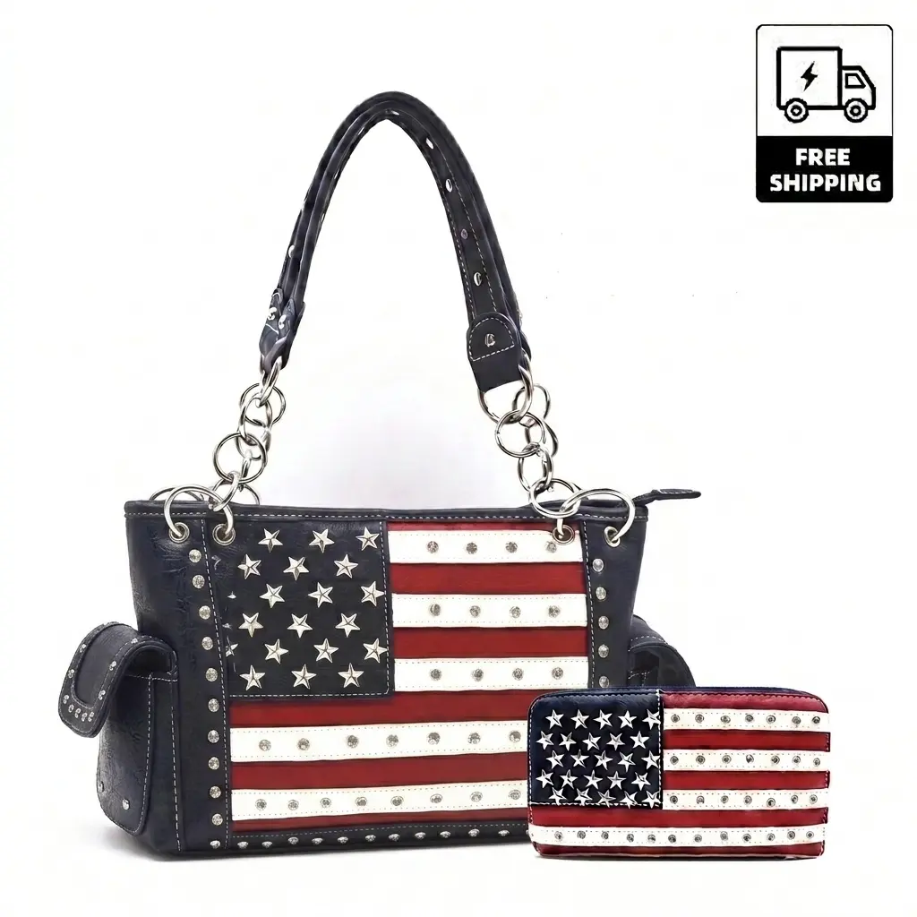 WESTERN SPIRIT Women's 2-Piece Western Cowgirl American Flag Handbag & Wallet Set, Star Studded Rhinestone Crossbody Purse with Chain Handle