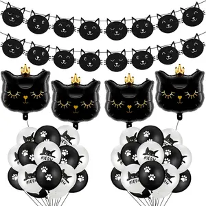 36 Pc Cat Party DecorationsLatex Balloons, Banners, and Cat-Shaped Foil Balloons for Birthday