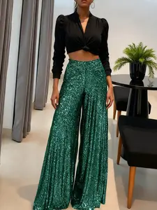 A women's wide-leg version, Womenswear, is loose with a good waist elastic design sequin wide-leg trousers, suitable for autumn and winter, dinner party, red carpet styles