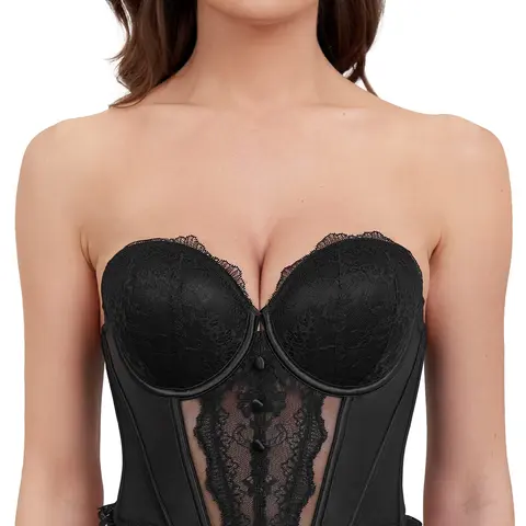 Wingslove Fashion Women's Strapless Bra Longline Lace Bustier Corset Push Up Boned Underwire Sexy Sheer Mesh Lace Trim Low Back Bra