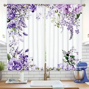 2-piece flat printed semi transparent curtain decoration, purple floral pattern, polyester material, washable, home window decoration, used for living room, bedroom, home party decoration, Home Textile