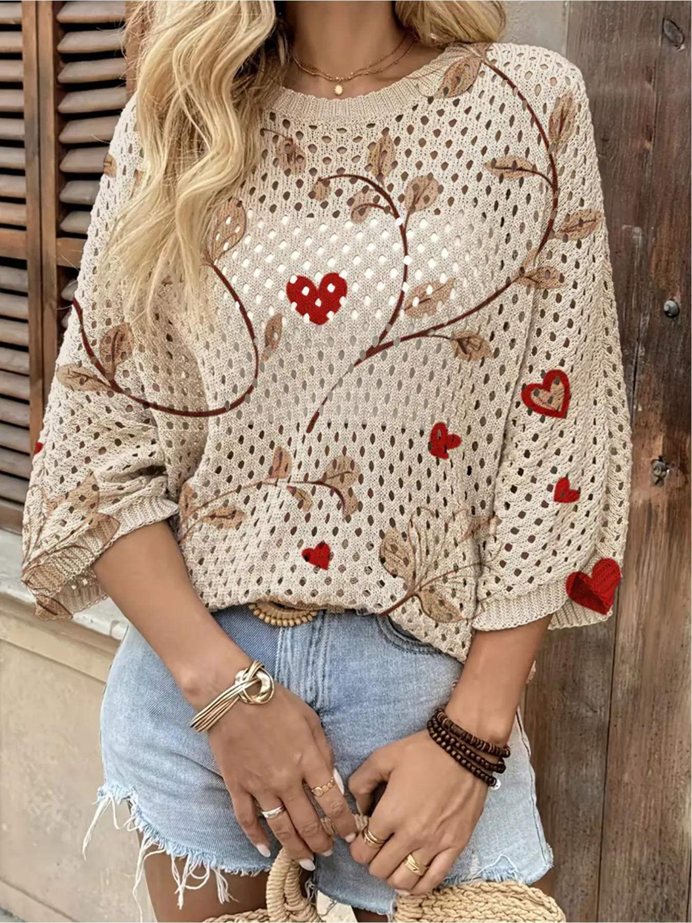Spring and summer, round neck hollow loose bat smock, color love leaf print women's Valentine's Day knit blouse, vacation style, Casual Boho Fashion, casual commuting, women's vest smock, boho resort style beach smock, Womenswear Tops