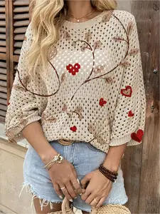 Spring and summer, round neck hollow loose bat smock, color love leaf print women's Valentine's Day knit blouse, vacation style, Casual Boho Fashion, casual commuting, women's vest smock, boho resort style beach smock, Womenswear Tops