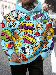Light blue pop comic print hoodie, a fun Casual streetwear fashion item Light blue pop comic print hoodie, a fun Casual streetwear fashion item