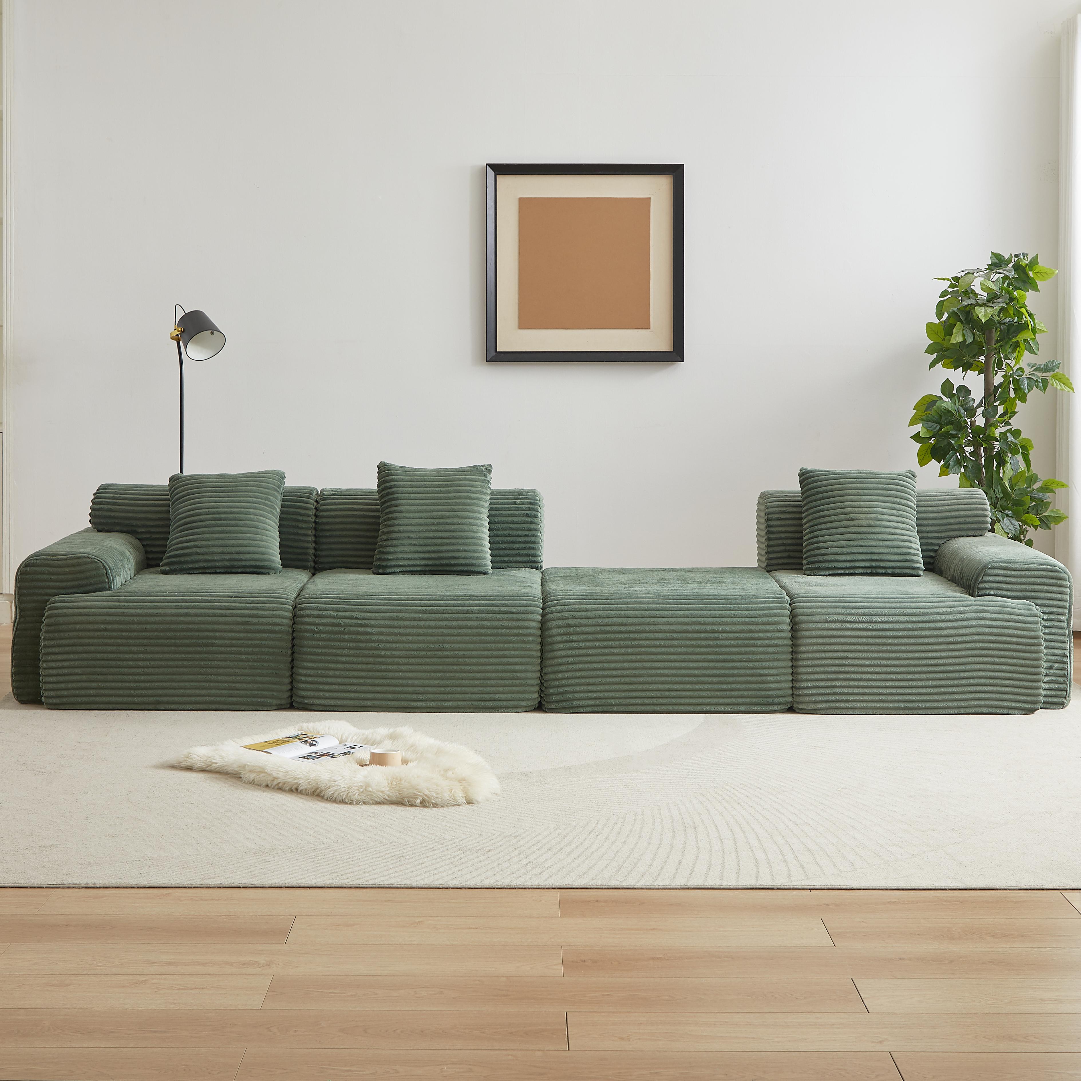 114 Inch Corduroy Modular Sectional Sofa Boneless Couch with Inlaid Structural Design, 4 Freely Configurable Modules, Extra Wide Backrest and 3 Throw Pillows, Modern Upholstered Cloud Sofa for Living Room and Apartment