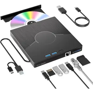 7 In 1 External CD Drive for Laptop, USB 3.0 & Type-C CD Rom External Drive for Laptop with Ethernet Interface, 3 USB and SD/TF Card, USB DVD Drive External CD Reader for Desktop/Windows/Linux/ OS