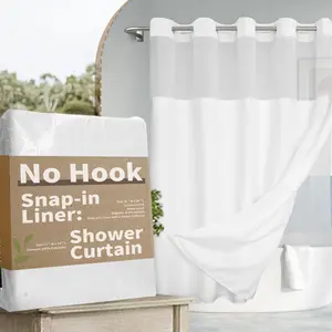 No Hook Slub Textured Shower Curtain with Snap-in PEVA Liner Set-71" x 74"(72"), Hotel Style with See Through Top Window, Fabric Outer Curtain & Waterproof Inner Liner, White, 71x74