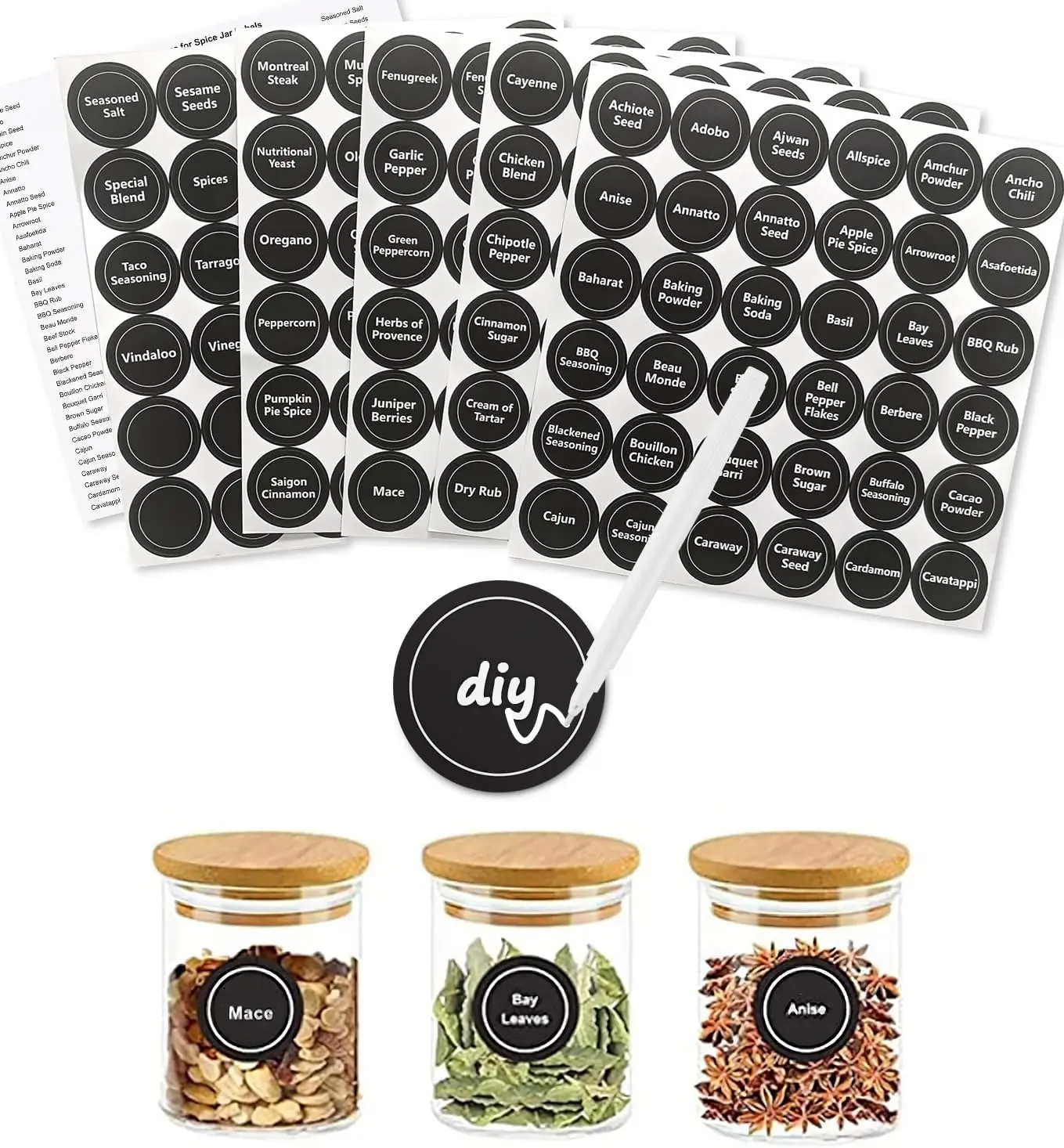 180 Spice Labels for Food Containers, Chalkboard Labels for Jars, Spice Label Stickers Herb Seasoning Kitchen Pantry Labels, Small Chalk Sticker Spice Jar Label round 168 Printed, 1 Erasable Chalk Seropy