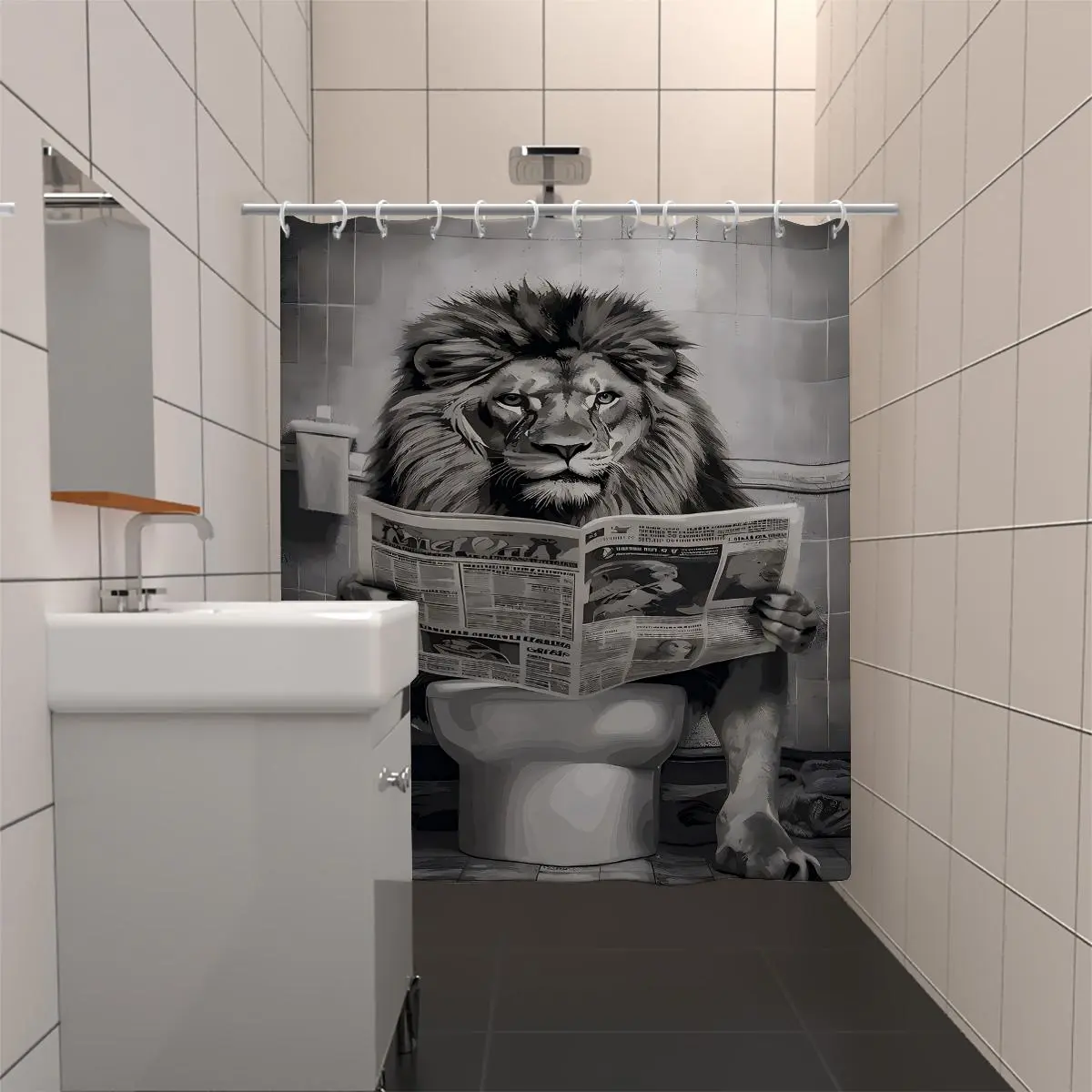 Lion Print Cartoon Printing Bathroom Shower Curtain, Printed Shower Curtain, Waterproof & Light-proof Bathroom Curtain with 12pcs Hooks, Bathroom Accessories for Home Hotel Salon Dormitory, Bathroom Curtains Shower