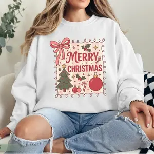 Pink Merry Christmas Sweatshirt, Cute Bow Girl Holiday Crewneck, Cozy Aesthetic Winter Pullover, Festive Xmas Gift For Her