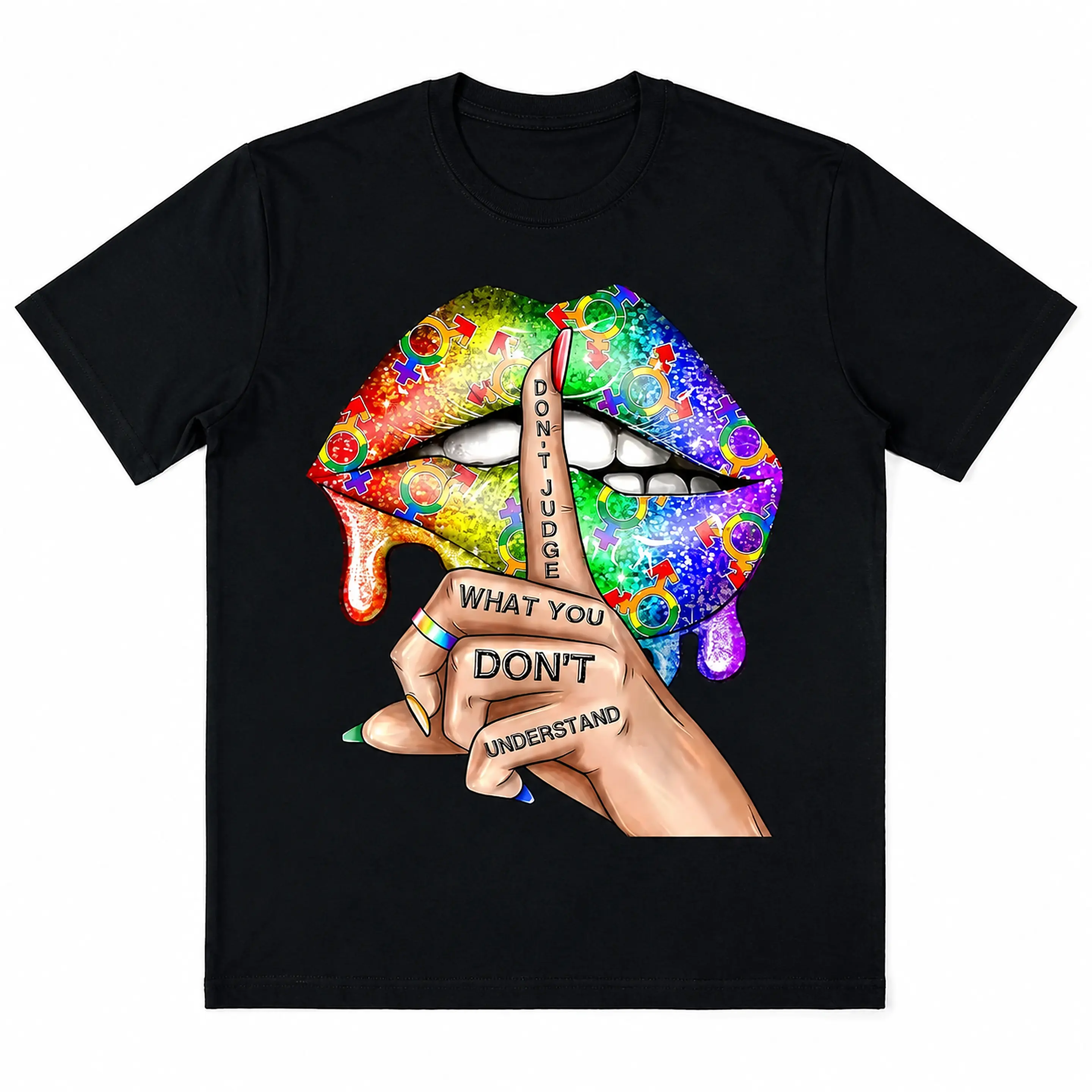 Don't Judge What You Don't Understand Rainbow Glitter Lips Graphic T-Shirt, Pride Drip Lip Casual Women’s Short Sleeve Tshirt