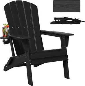 Folding Adirondack Chair with Wood Texture & Cup Holder - All-Weather HDPE for Poolside, Lawn, Patio, and Garden