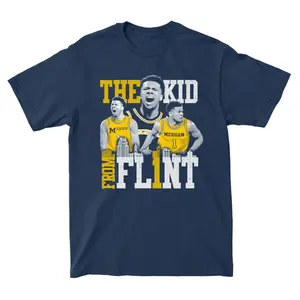 Michigan Basketball “The Kid From Flint” Graphic T-Shirt – Navy Blue College Basketball Fan Tee Featuring Bold Athlete Graphic and Flint Skyline Design