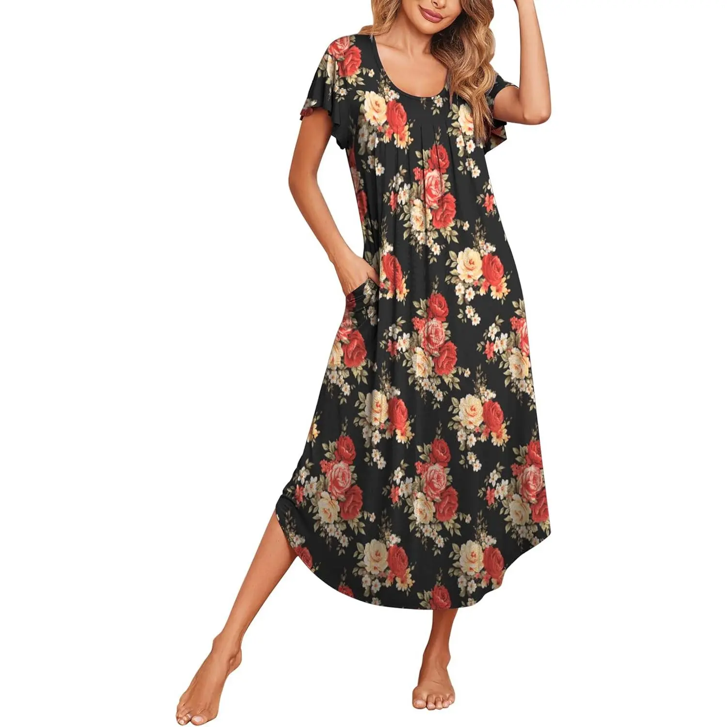 Long Nightgowns for Women with Pockets Short Sleeves Moo Moos for Women Casual Maxi Dress House Dresses S-XXXL