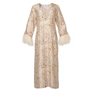 The Milena Mosaic Kaftan - Long Sleeve Glamorous Neutral Elegant Dress with Feathers Lightweight Breathable Silk Viscose Blend Deep V Neck Hidden Pockets