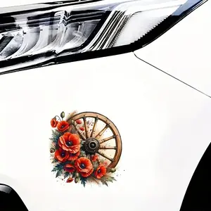 1PC Wooden Wheel-Style Logo Sticker For Car Bodies, Personality Backpacks, Decor Items Red Poppy Flowers + Vintage Wooden Wheel Decor Fill With Pastoral Vintage Enthusiast's Vintage Romantic Vibe Easily Grasp Pastoral Vintage Literary Trend Style
