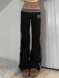 Street Style Striped Colorblock Letter Print Pants, Low Waist Slim Fit Flare Leg, Women's Sporty Trousers, Comfortable Fashion Design, Casual Chic Trousers