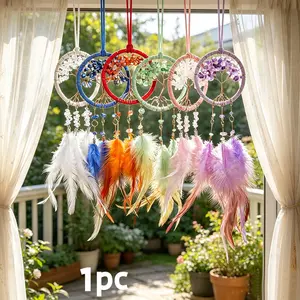Natural Colorful Crushed Crystal Tree of Life Sun Catcher, DIY Dreamcatcher Wind Chime, Indoor Outdoor Garden Decor, Hanging Decorations, Car Pendant Art Ornament