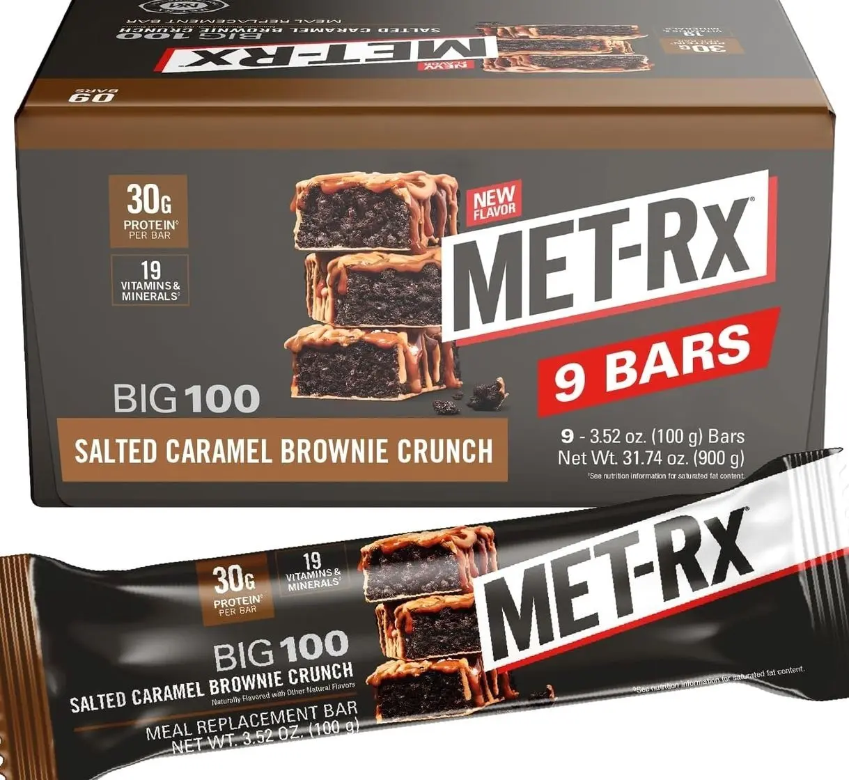MET-Rx Big 100 Protein Bar, Meal Replacement Bar, 30G Protein, Salted Caramel Brownie Crunch, 9 Count, 3.52 Oz.(Packaging may vary)