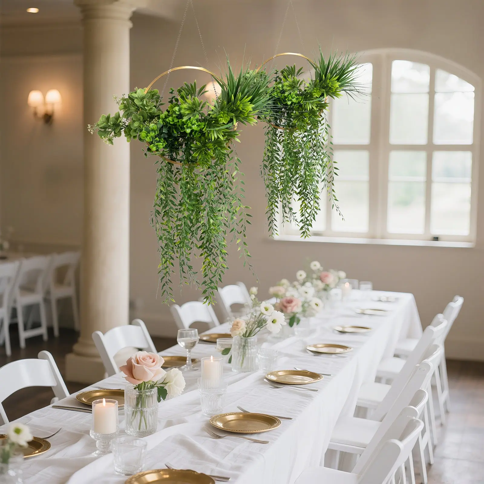 38" Hanging Hoop Greenery Chandelier - Faux Boxwood, Grass & Climbing Vines Artificial Decorative Plant, Home Wall & Ceiling Decor for Weddings & Balconies, Home Wall Decor