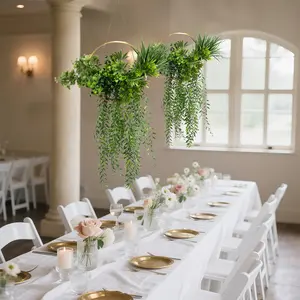 38" Hanging Hoop Greenery Chandelier – Faux Boxwood, Grass & Trailing Vine Ceiling Décor