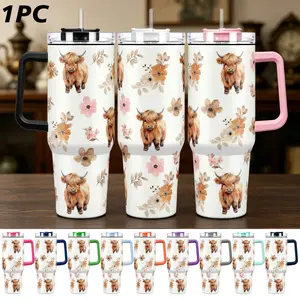 40oz Insulated Mug, Cute Highland Cow Print, Large Capacity with Straw, Lid and Handle, Stainless Steel Reusable Water Bottle, Perfect Gift