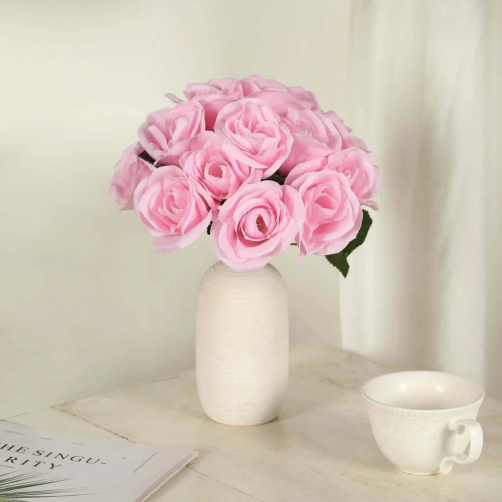 Pink Velvet-Charm Artificial Roses Bouquet, 12" Decorative Faux Flower Floral Decor, Party Décor Ready Home Decor Arrangement