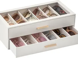 Beige Sunglasses Storage Box for Women, Eyewear Eye Glass Organizer with Clear Top Lid Display Holder Case