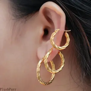 Women's 3-Pair Set of Vintage Twisted Hoop Earrings — Crafted from Fade-Resistant Gold-Plated Stainless Steel; Stylish, Eye-Catching Gold Jewelry (Featuring Twisted Clasp Design). Perfect for Both Daily Wear and Party Occasions. outdoorfun