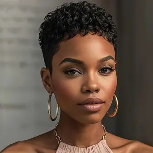 2026 New Wholesale Elegant Short Pixie Cut Afro Curly Human Hair Wig for Women - 180% Density Rose Net Cap, Curly Wave Texture, Natural Looking Versatile Styling for All Ethnicities & Casual Attire, Short Hair Wig, Comfortable Fit Cap