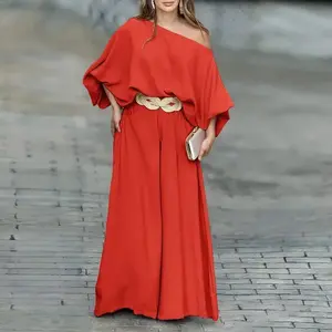 Women's Skew Neck Lantern Sleeve Top & Wide Leg Pants Set-No belt