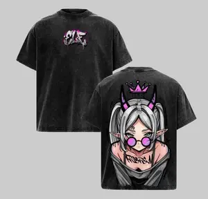 Frieren Streetwear Vintage Washed Anime T-Shirt | Demon Elf Girl Purple Crown Graphic Tee | Oversized Retro Shirt | Heavy Cotton Grunge Gift for Frieren Fans
