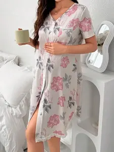 Lace Floral Print Maternity Sleep Dress With Pockets Short Sleeve Pajama Dress for Summer Comfortable Medium Stretch Knitted Fabric