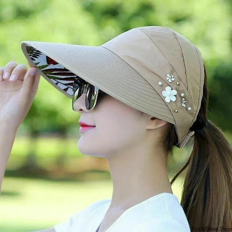 Women's Korean-Style Visor Hat, Wide Brim Foldable Beach Sun Hat with UV Protection - Lightweight & Breathable for Outdoor Travel