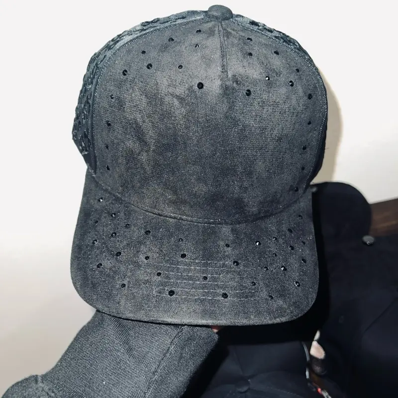 Stylish Black  Baseball Cap with Unique Perforated Design and Adjustable Strap for Comfortable Fit rhinestone premium blacks monogram mesh back