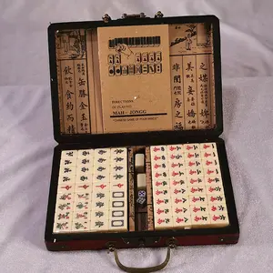 Cross-Border Supply Melamine English Mahjong Dormitory Entertainment Mahjong Milky White Small Travel Mahjong with Antique Leather Box home party