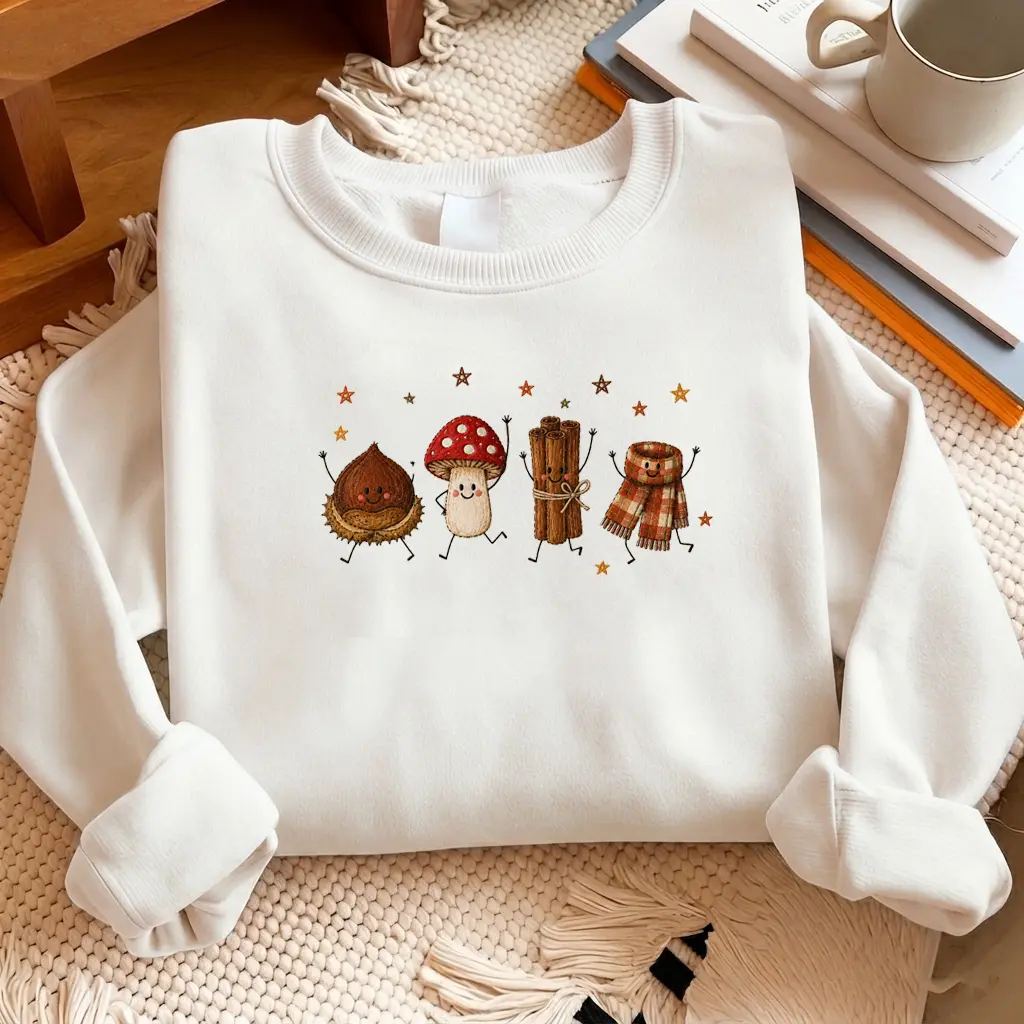 Embroidered Cozy Fall Vibes Apparel, Unisex Sweatshirt, T-shirt, And Hoodie, Cotton Top With Adorable Autumn Elements Graphic, Comfortable Casual Clothing For Everyday Style