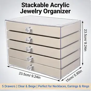 5 Drawer Acrylic Jewelry Organizer Box, Velvet Lined Jewelry Storage Case with Clear Top, Jewelry Armoire for Earrings, Rings, Necklaces, Bracelets, Vanity Jewelry Holder for Women Girls, Gift for Her