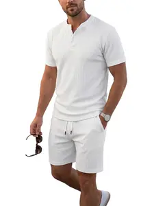 Men's Summer Textured Knit Short Sleeve Henley Shirt and Shorts Set, Plain Menswear Breathable Casual Wear, Outdoor Vacation Beach Party